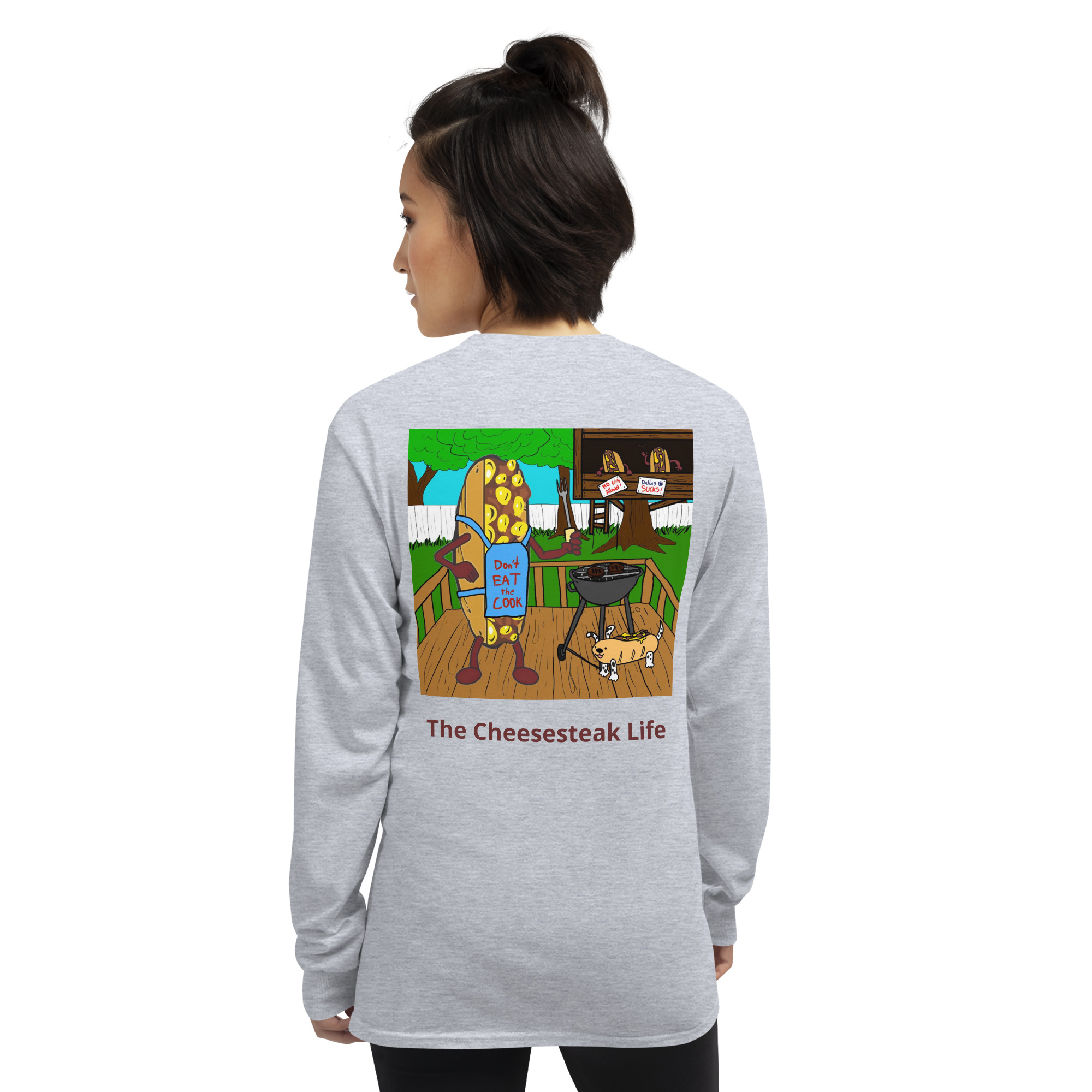 Long Sleeve T-Shirt - Cheesesteak Life - Amigo Dan - Cheesey Bar-B-Que on back - Image 12