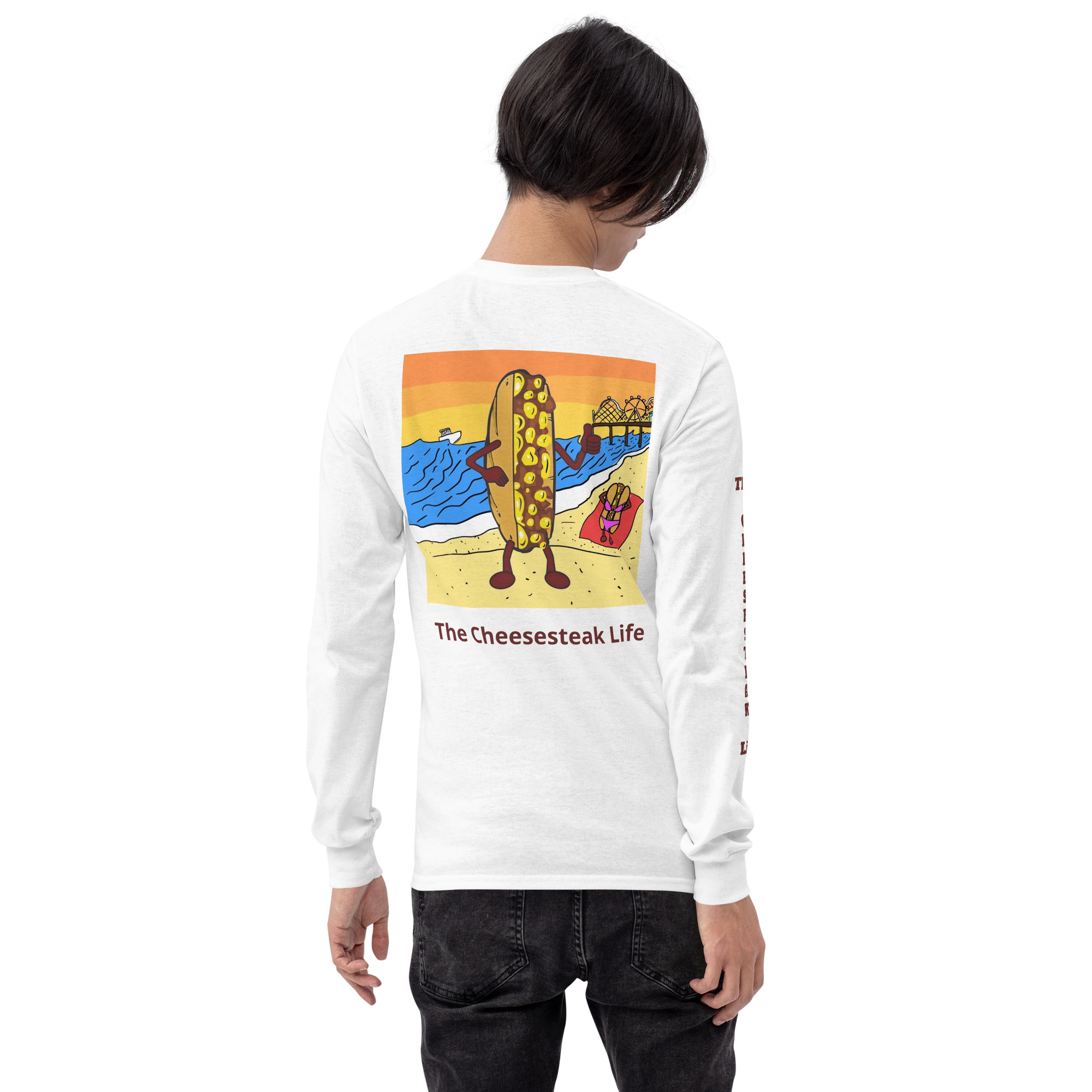 Long Sleeve T-Shirt - Cheesesteak Life - Amigo Dan - Cheesey Beach on back - TCL on arm - Image 23
