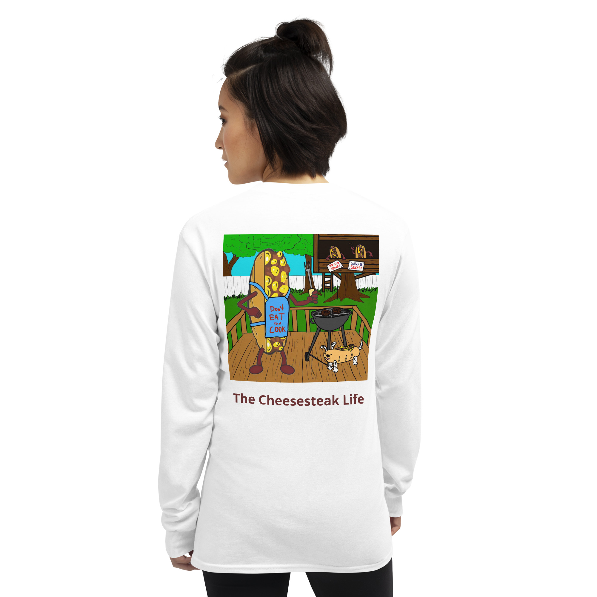 Long Sleeve T-Shirt - Cheesesteak Life - Amigo Dan - Cheesey Bar-B-Que on back - Image 18
