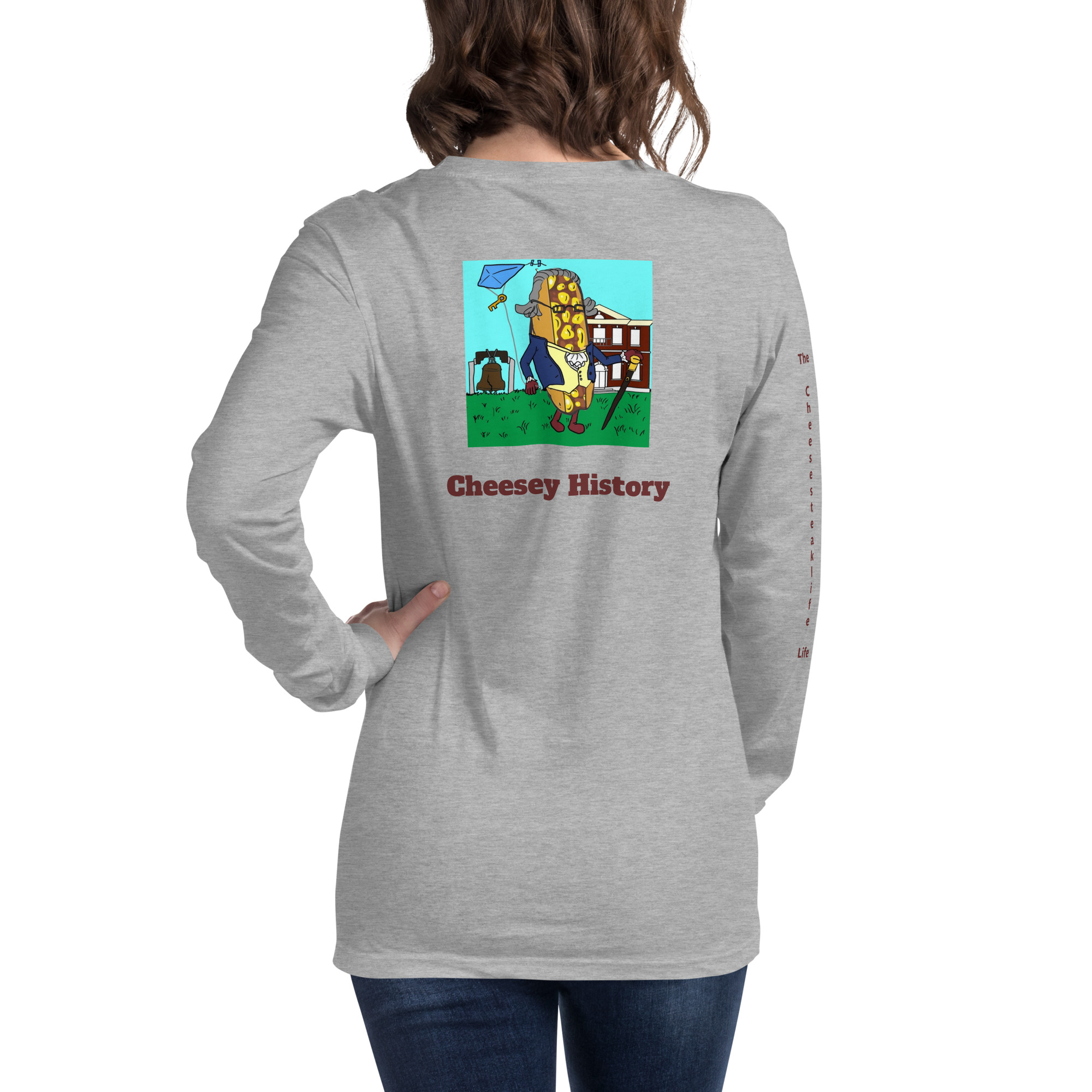 Long Sleeve T-Shirt - Cheesesteak Life - Amigo Dan - Cheesey History - TCL on arm - Image 17