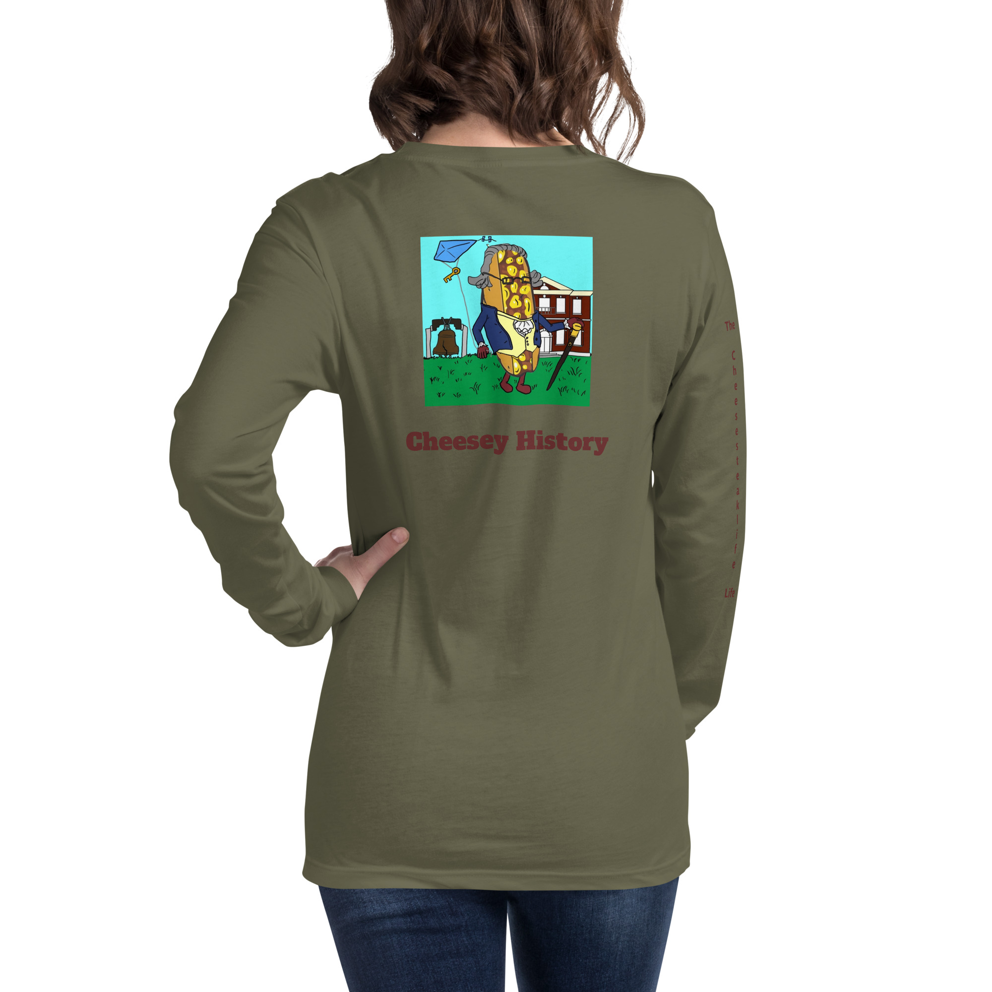 Long Sleeve T-Shirt - Cheesesteak Life - Amigo Dan - Cheesey History - TCL on arm - Image 11