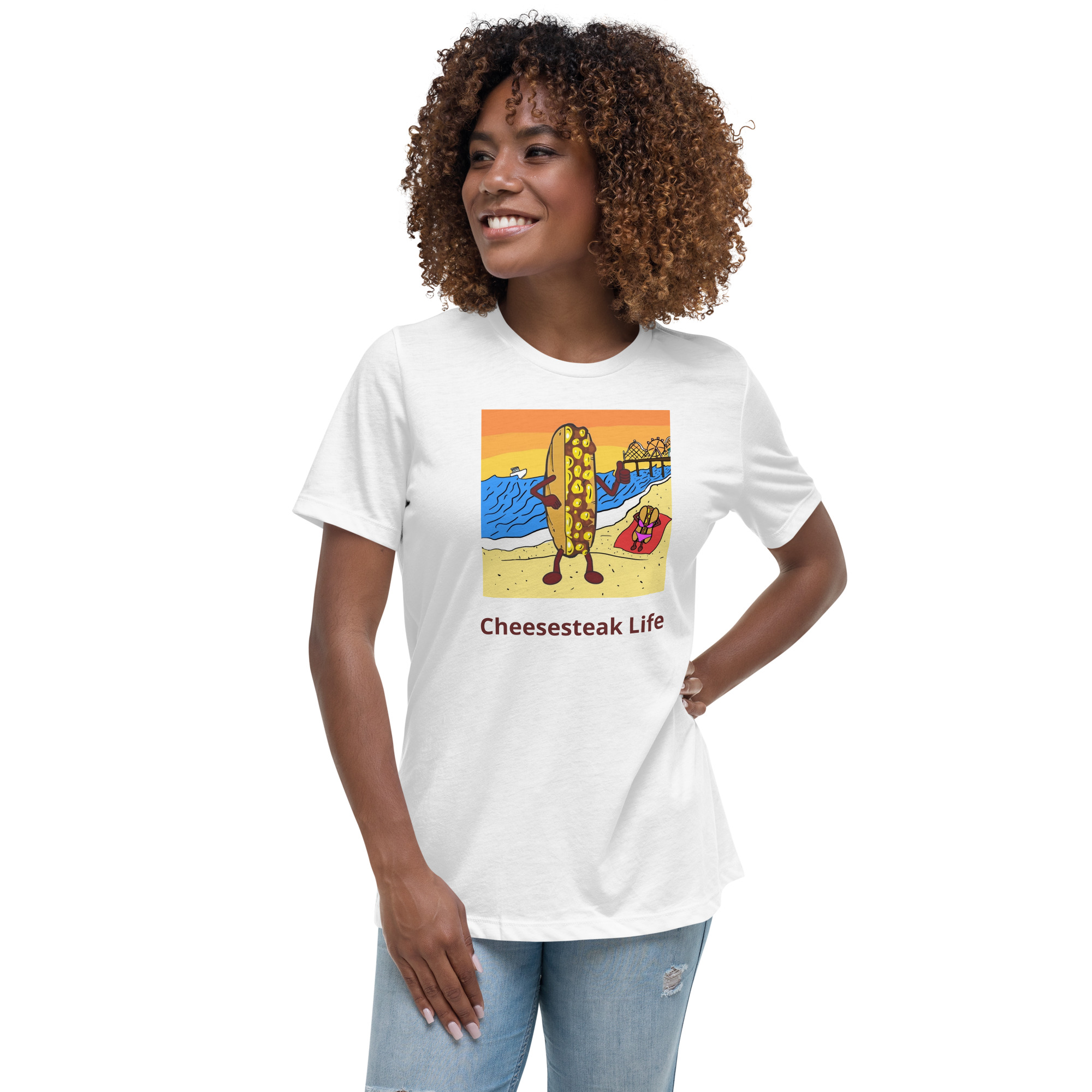 Women's Relaxed T-Shirt - Cheesesteak Life - Cheesey Beach - Image 21