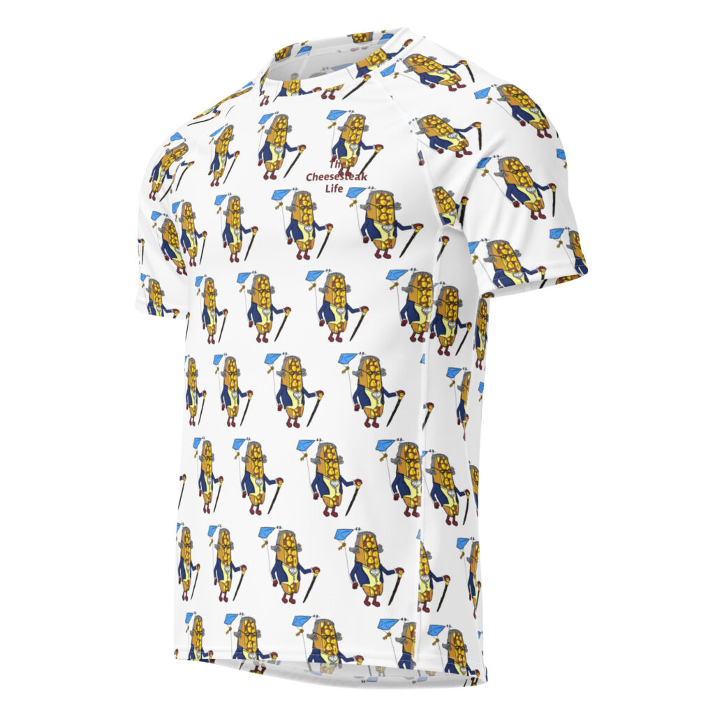 Men’s short sleeve rash guard - The Cheesesteak Life - Cheesey Ben Franklin - Extra Cheesey
