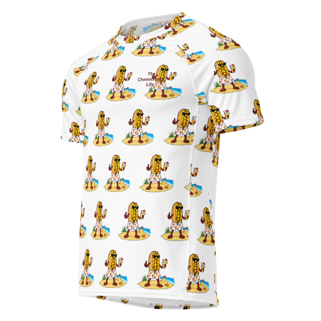 Men’s Short Sleeve rash guard - The Cheesesteak Life - Mr. Cheesey's Beach - Extra Cheesey